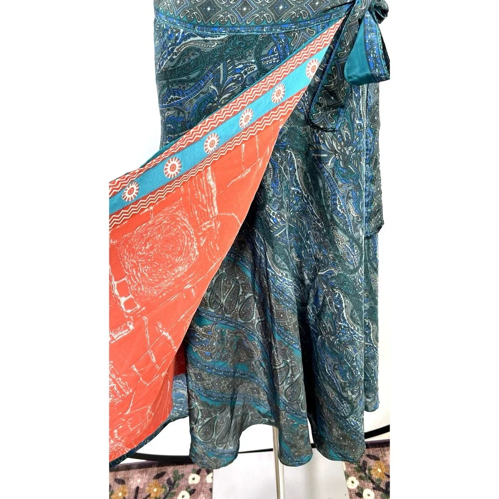 Sari Wrap Maxi Skirt Reversible Layered Art Silk Paisley Boho Festival One Size
